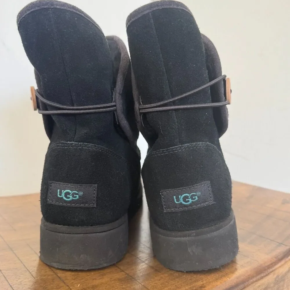 UGG Australia Black Sheepskin Suede Wrap Button Short Boots Women's US 5